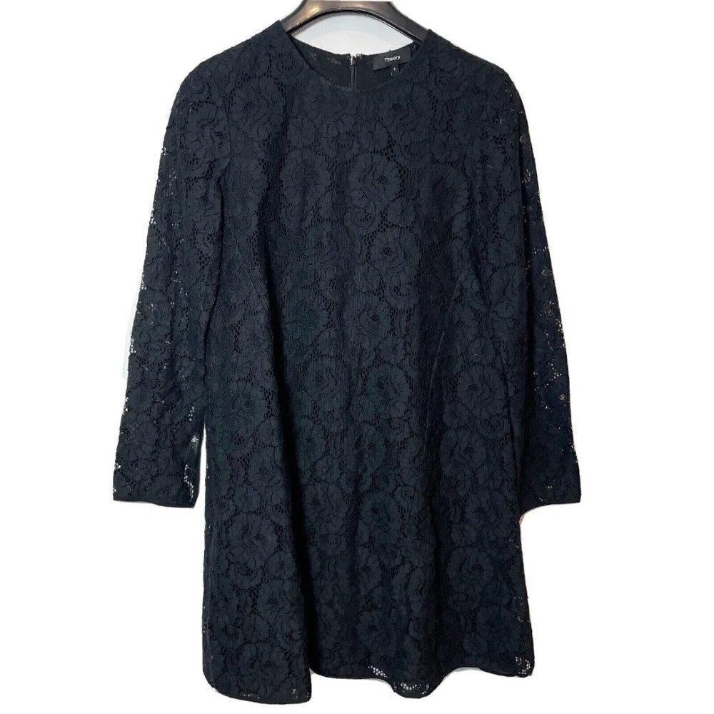Theory Womens Lace Floral Long Sleeve Shift Dress Black S Lined Crew Neck Zip‎